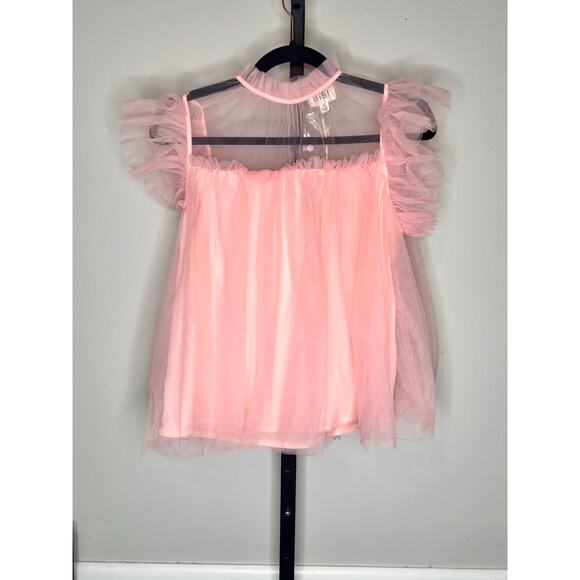 Bibi Flutter Sleeve High Neck Chiffon Blouse Top Pink Women's Size Medium NWT - Picture 2 of 6
